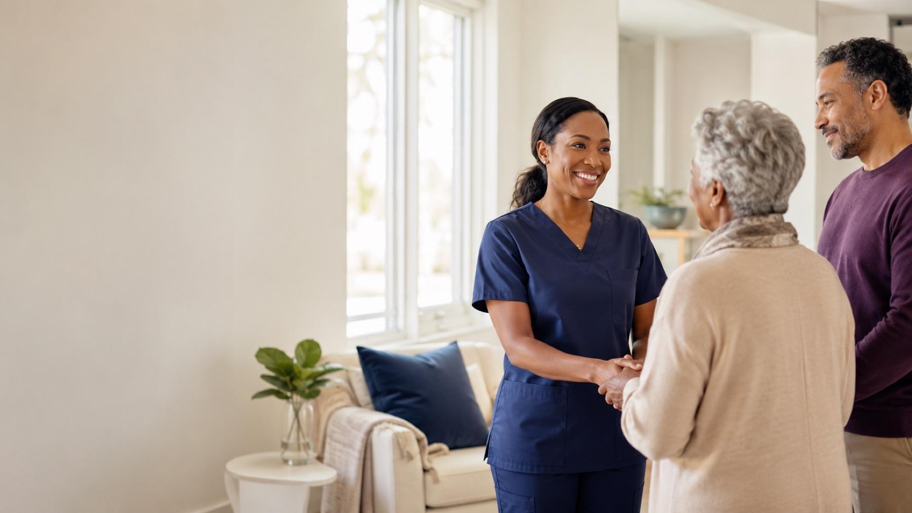A caregiver warmly greeting a senior and their family at home