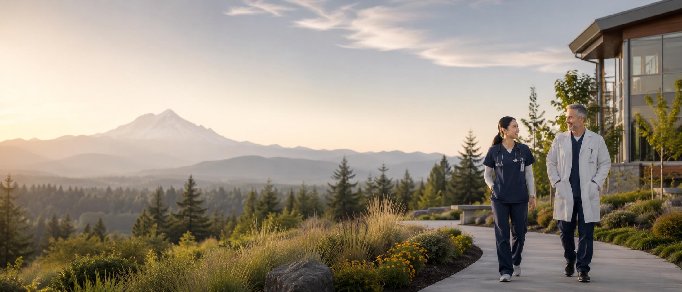 A nurse and doctor walking outside a Pacific Northwest care facility