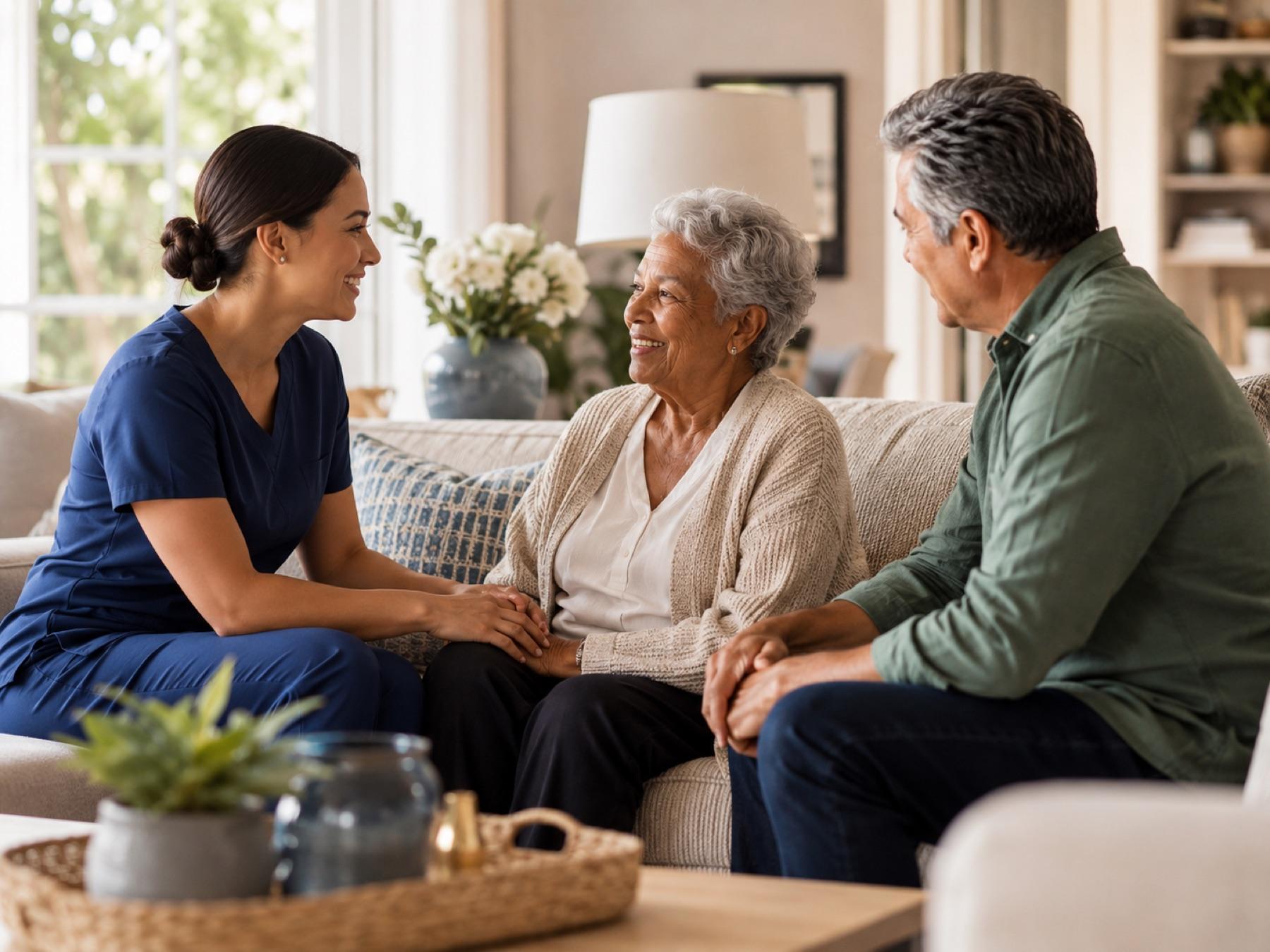 A caregiver talking warmly with a senior and their family at home
