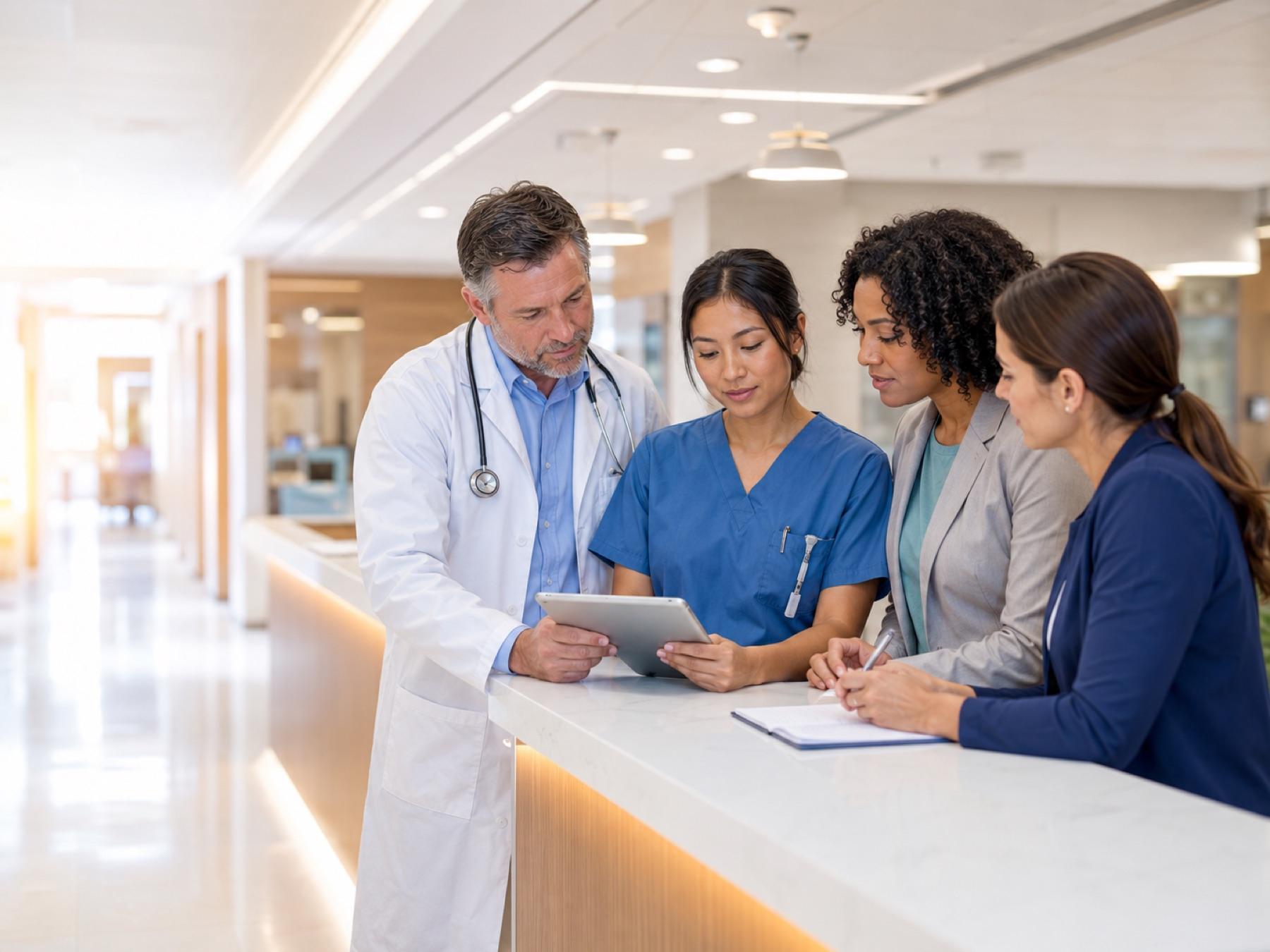 A clinical team reviewing a plan together at a hospital