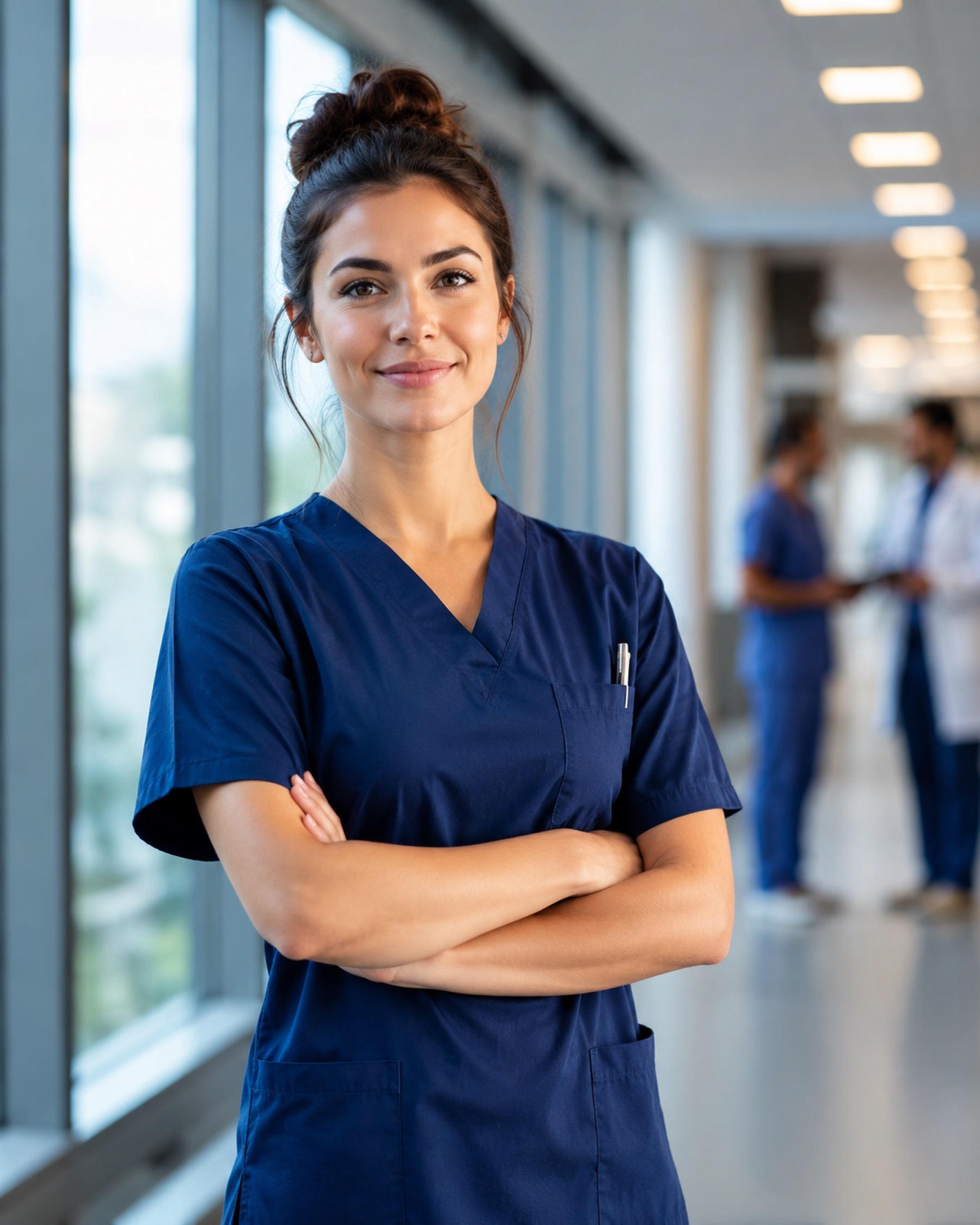 A confident nurse in a hospital corridor, ready to support a care team