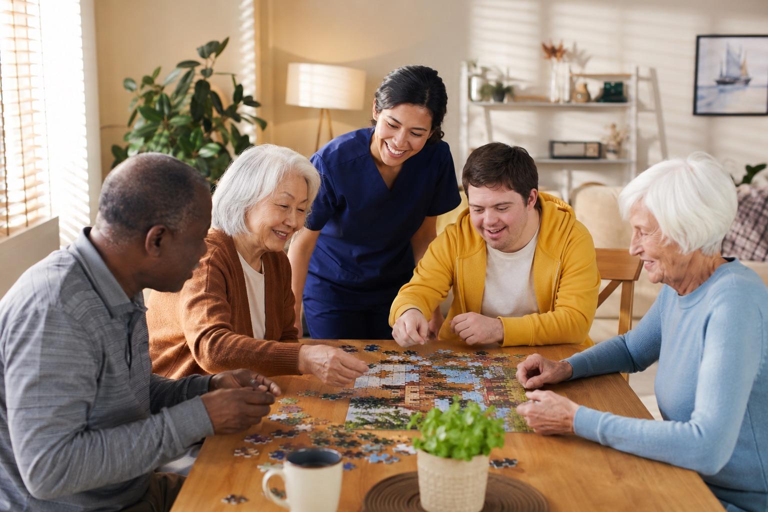 Staff supporting residents in a facility common room