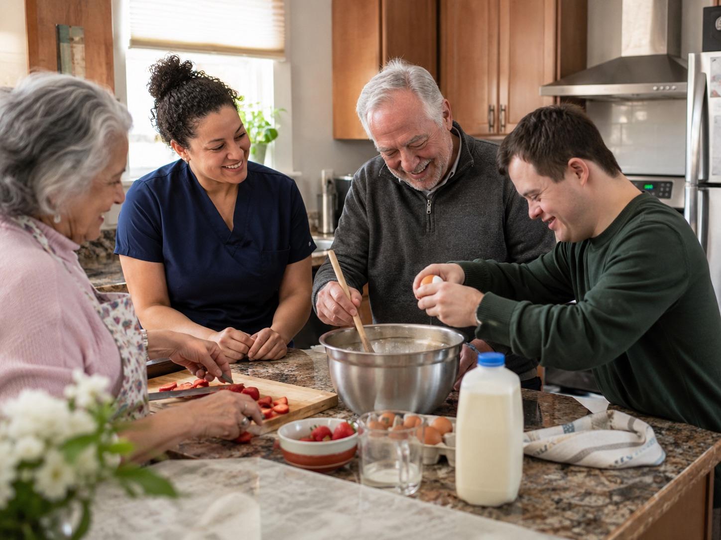 A warm residential caregiver-and-family moment